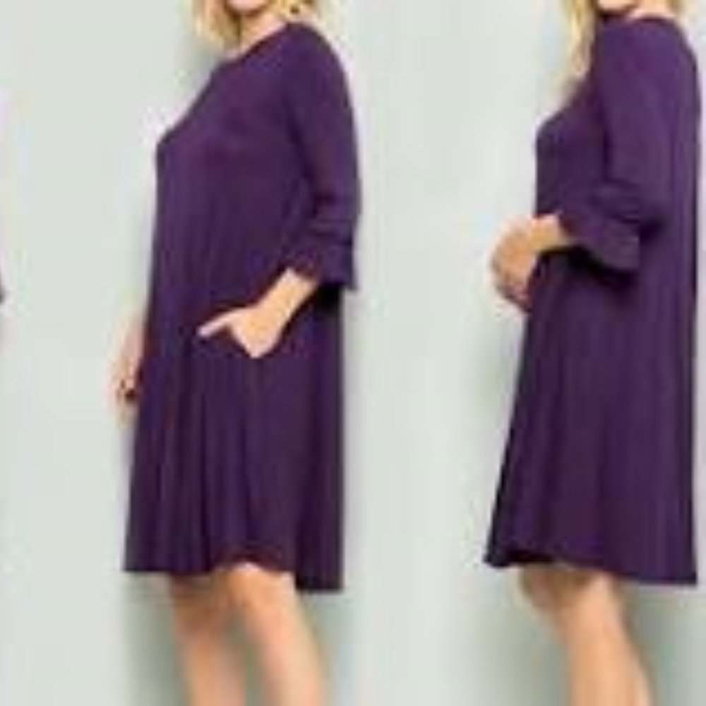 ACTING PRO RUFFLED QUARTER SLEEVE DRESS, POCKETS